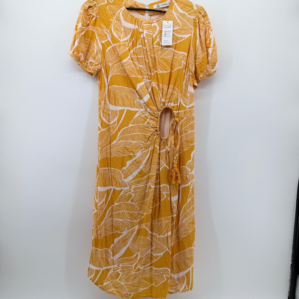 CUPSHE Mustard Yellow White Leaf Print Cutout Midi Dress Womens Medium New